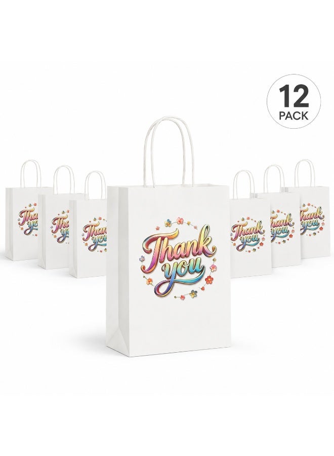 12 Pcs Colorful Floral Thank You Printed White Kraft Paper Gift Tote Bags Twisted Paper Handle Hand Bags for Ramadan Eid Wedding Birthday Party Gift Packaging 21x15x8cm - Image 1