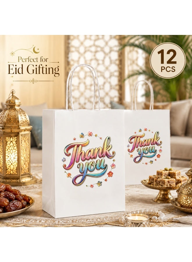 12 Pcs Colorful Floral Thank You Printed White Kraft Paper Gift Tote Bags Twisted Paper Handle Hand Bags for Ramadan Eid Wedding Birthday Party Gift Packaging 21x15x8cm - Image 4