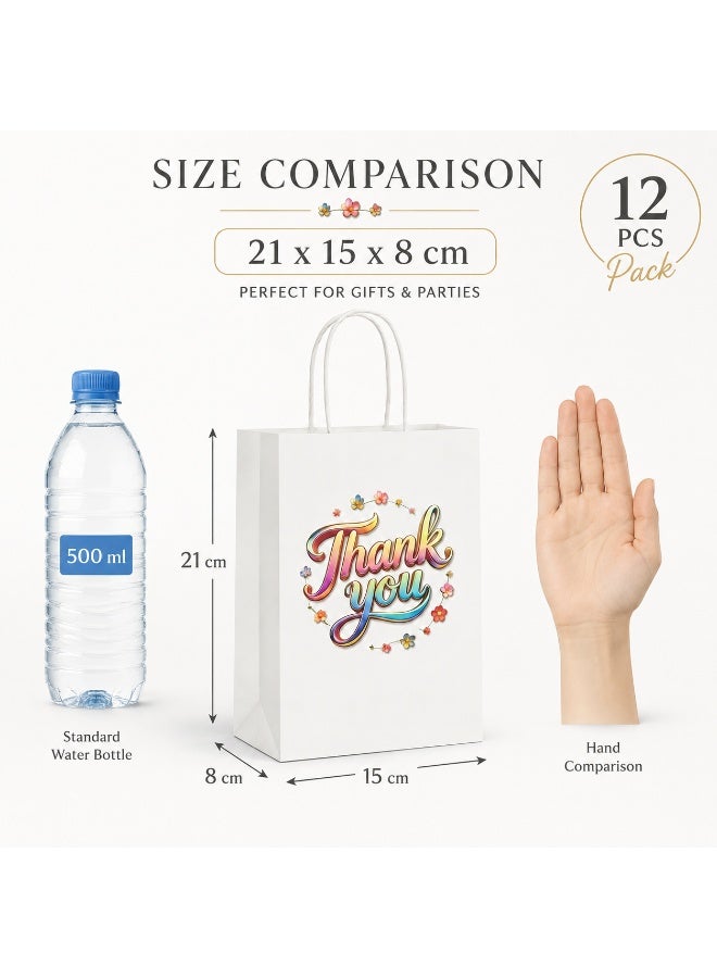 12 Pcs Colorful Floral Thank You Printed White Kraft Paper Gift Tote Bags Twisted Paper Handle Hand Bags for Ramadan Eid Wedding Birthday Party Gift Packaging 21x15x8cm - Image 2