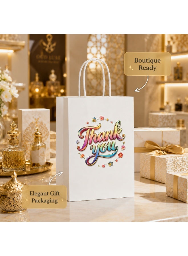 12 Pcs Colorful Floral Thank You Printed White Kraft Paper Gift Tote Bags Twisted Paper Handle Hand Bags for Ramadan Eid Wedding Birthday Party Gift Packaging 21x15x8cm - Image 3