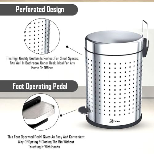 Mofna Stainless Steel Perforated Dustbin with Pedal, Trash Can, Wastebasket, Garbage Bin for Home, Office, Bathroom, Bedroom, Toilet, Outdoor, Indoor and Kitchen, (7x10 In -5 Liter, Silver), Pack of 1 - Image 4