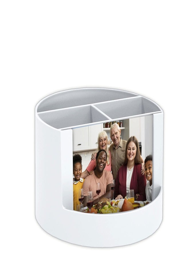 Acrimet Compact Desktop Organizer, 4 Spacious Slots, Round Pencil and Accessories Holder with Photo Slot, Ideal for Office, Art Supplies, Vanity Storage, and Home Organization (White Plastic) - Image 2