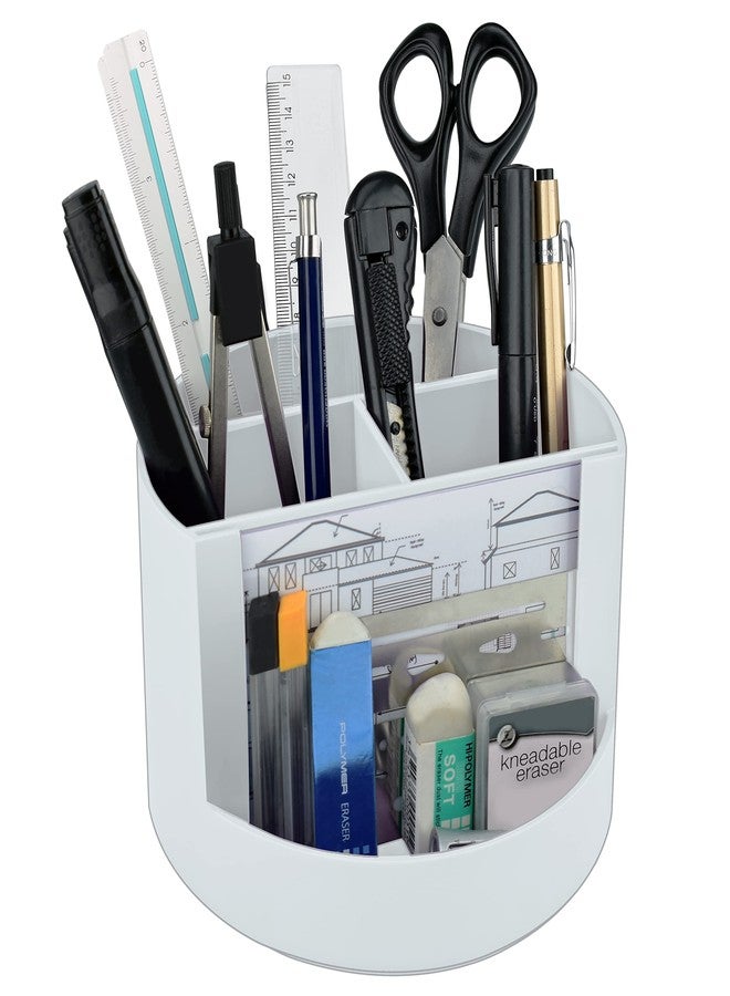 Acrimet Compact Desktop Organizer, 4 Spacious Slots, Round Pencil and Accessories Holder with Photo Slot, Ideal for Office, Art Supplies, Vanity Storage, and Home Organization (White Plastic) - Image 1