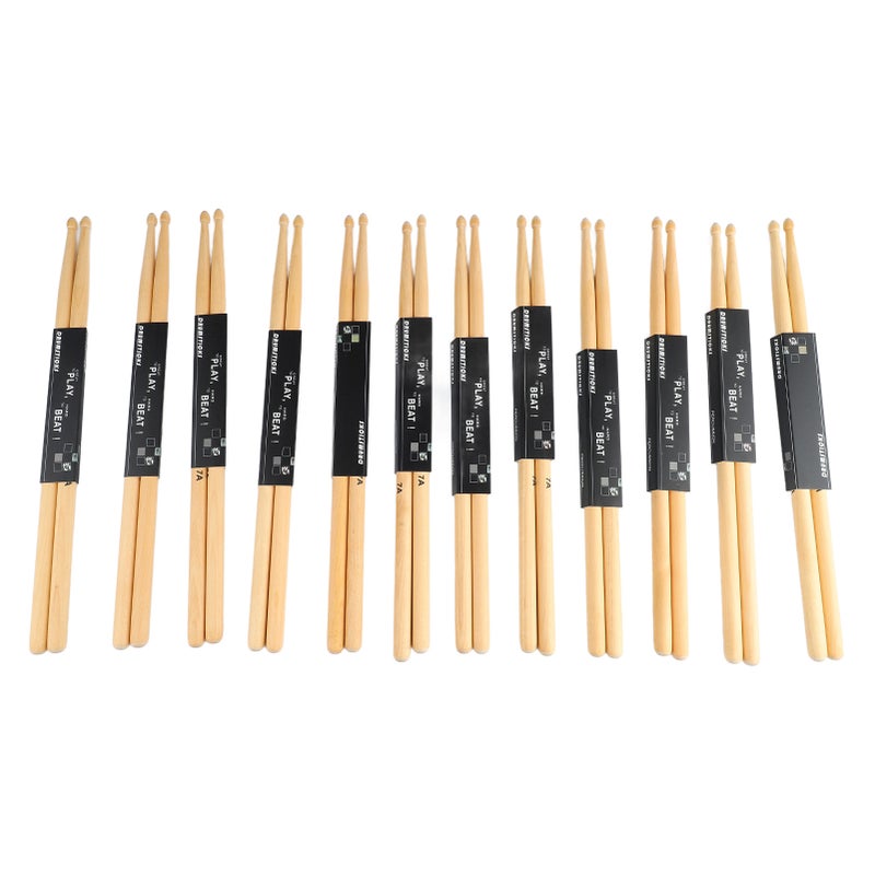 7A Drumstick Set: 12 Pairs Maple Wood Oval-Tip Drumsticks - Anti-Slip Grip Clear Sound Light Portable for Home Practice Band Outdoor Performance - Image 1