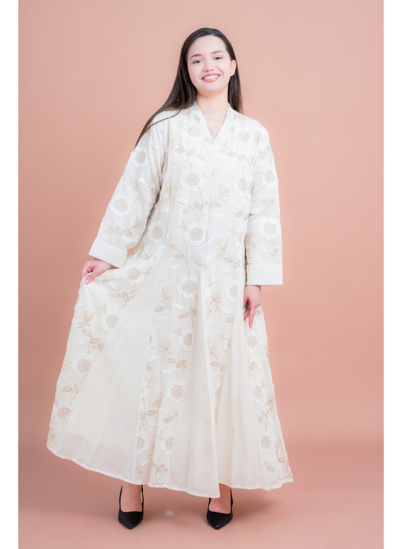 IKKXA Floral Embroidered Modern Jalabiya IK02 Beige - Image 2