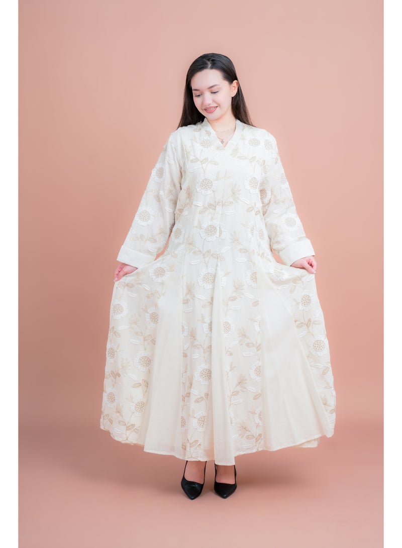 IKKXA Floral Embroidered Modern Jalabiya IK02 Beige - Image 1