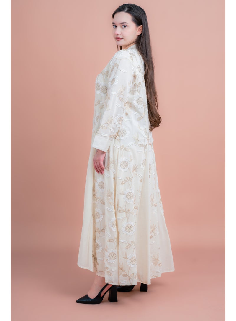 IKKXA Floral Embroidered Modern Jalabiya IK02 Beige - Image 4