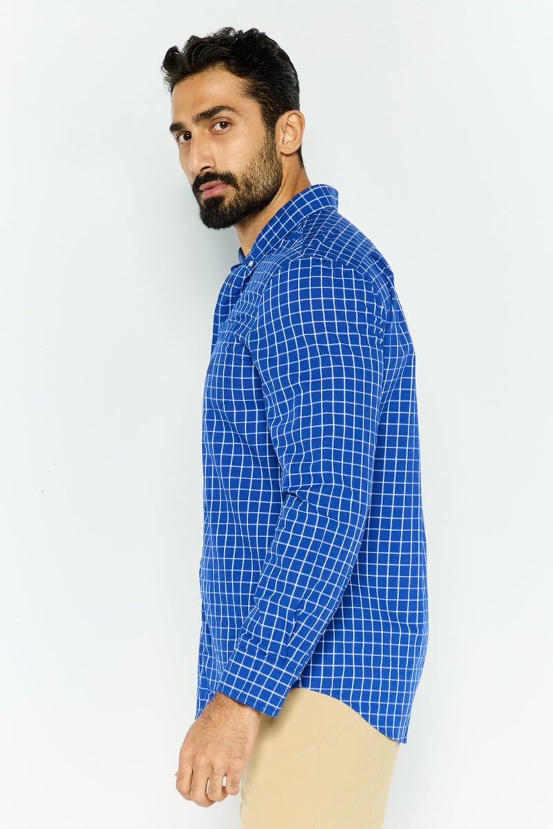 Chaps Men Custom Fit Grid Pattern Long Sleeves Casual Shirt, Blue - Image 3