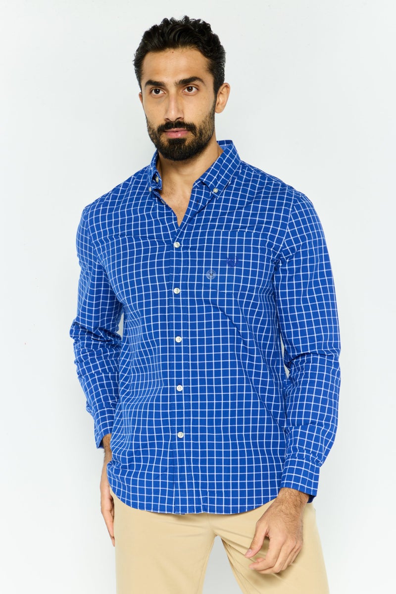 Chaps Men Custom Fit Grid Pattern Long Sleeves Casual Shirt, Blue - Image 1