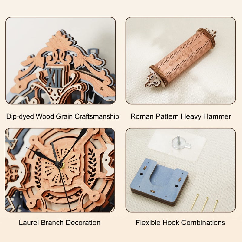 ROKR 3D Puzzles for Adults Vintage Wooden Pendulum Clock Kits 12", Mechanical Building Model Kits DIY Wall Clock Hobbies for Adults Home Decor Gifts for Teens - Image 3