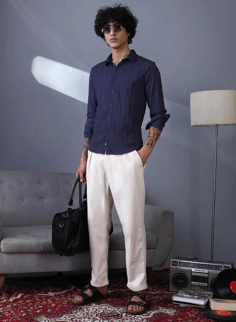 Campus Sutra Campus Sutra Men's Ecru White Cuffed Pleated Tailored Trousers For Casual Wear | Mid-Rise | Regular Fit | Button Closure | Trousers Crafted With Comfort Fit For Everyday Wear