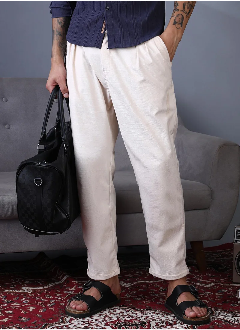 Campus Sutra Campus Sutra Men's Ecru White Cuffed Pleated Tailored Trousers For Casual Wear | Mid-Rise | Regular Fit | Button Closure | Trousers Crafted With Comfort Fit For Everyday Wear