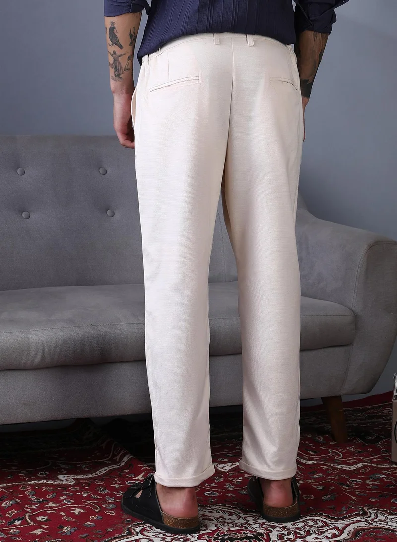Campus Sutra Campus Sutra Men's Ecru White Cuffed Pleated Tailored Trousers For Casual Wear | Mid-Rise | Regular Fit | Button Closure | Trousers Crafted With Comfort Fit For Everyday Wear
