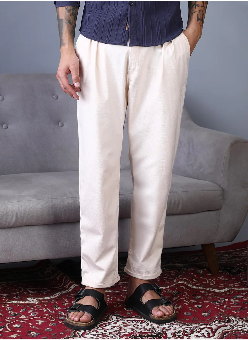 Campus Sutra Campus Sutra Men's Ecru White Cuffed Pleated Tailored Trousers For Casual Wear | Mid-Rise | Regular Fit | Button Closure | Trousers Crafted With Comfort Fit For Everyday Wear