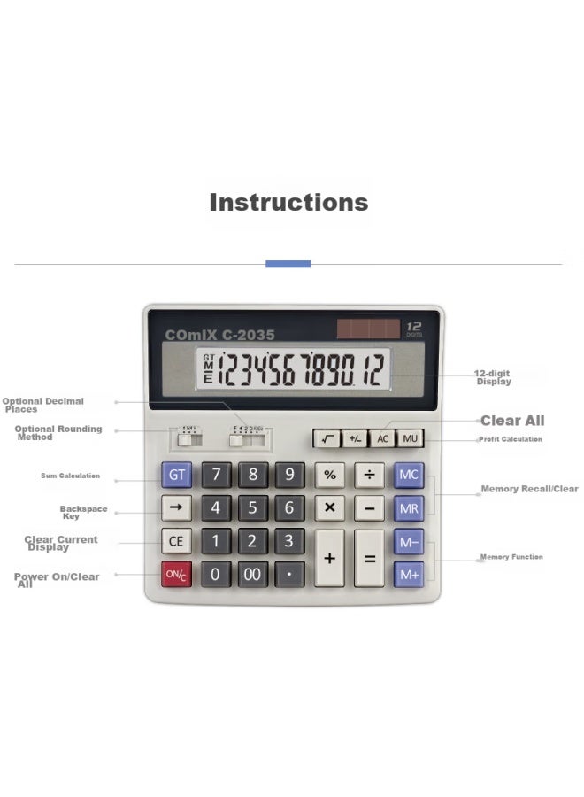 كوميكس Comix Dual Power Calculator، آلة حاسبة مالية بشاشة عريضة 12 رقم، لوازم القرطاسية المكتبية، مقاس متوسط C-2035 - Image 5