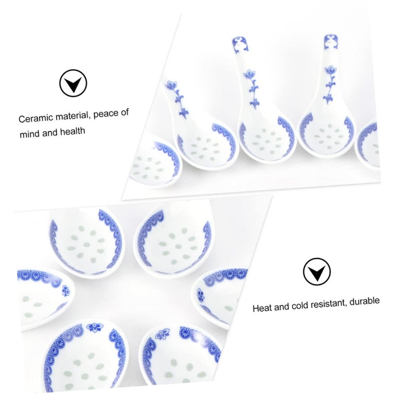 Retro Blue Floral Ceramic Soup Spoons Set of 6 Chinese Style Tableware for Home Restaurant - Image 3