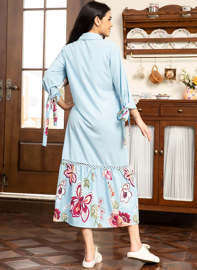 فرايديين انيق طوق متقلب تباين اللون طباعة بإمتصاص قوس غير منتظم الاكمام المتوهجة فساتين طويلة ازرق - Image 2