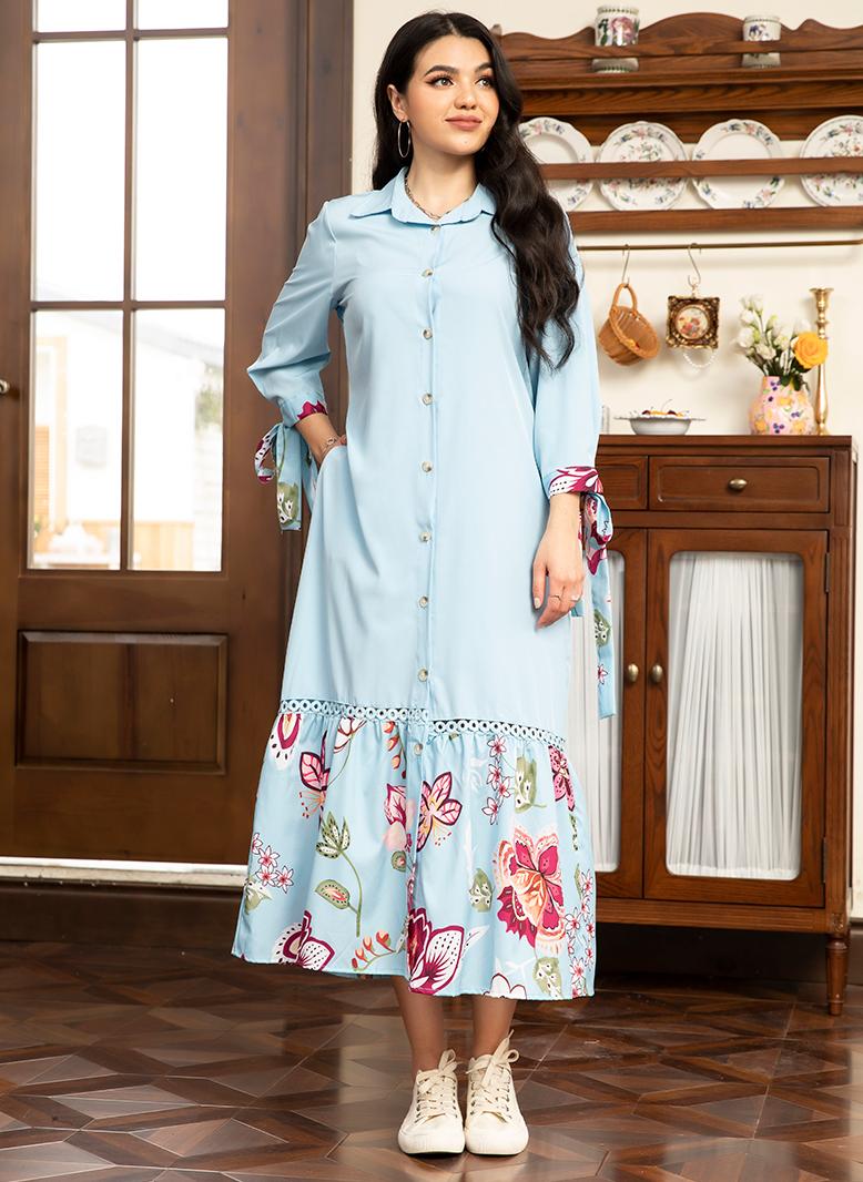 فرايديين انيق طوق متقلب تباين اللون طباعة بإمتصاص قوس غير منتظم الاكمام المتوهجة فساتين طويلة ازرق - Image 1