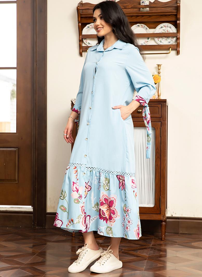 فرايديين انيق طوق متقلب تباين اللون طباعة بإمتصاص قوس غير منتظم الاكمام المتوهجة فساتين طويلة ازرق - Image 4