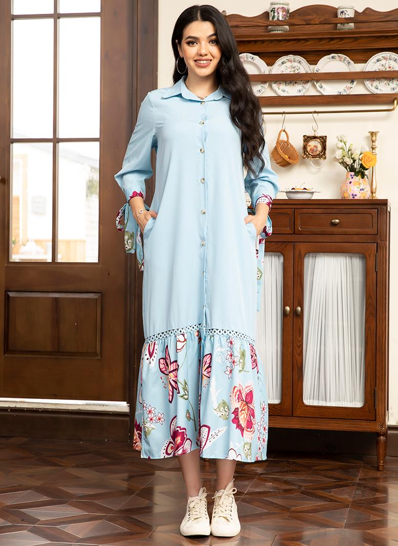 فرايديين انيق طوق متقلب تباين اللون طباعة بإمتصاص قوس غير منتظم الاكمام المتوهجة فساتين طويلة ازرق - Image 5