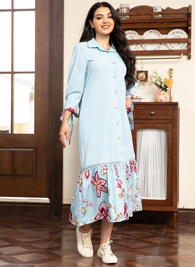 فرايديين انيق طوق متقلب تباين اللون طباعة بإمتصاص قوس غير منتظم الاكمام المتوهجة فساتين طويلة ازرق - Image 3