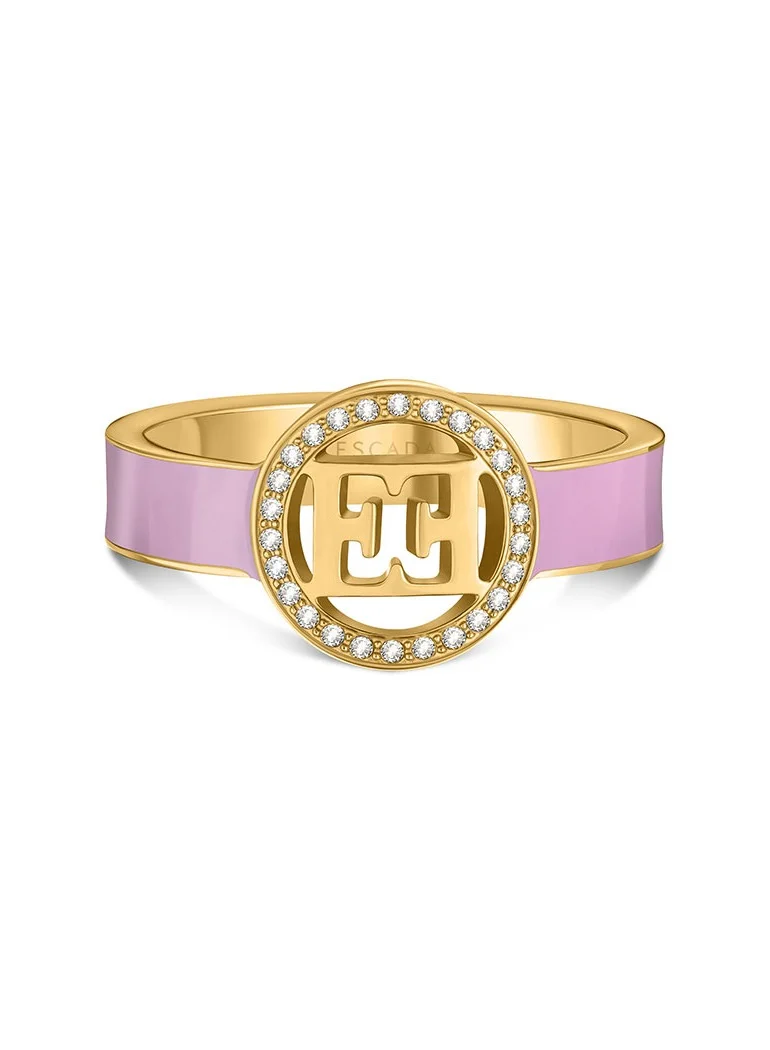 ESCADA Isabella Gold Plated Ring with Cutout Logo and Vibrant Pink Enamel Band