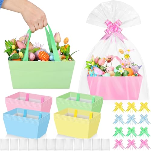 Funnymoom 24 Pcs Pastel Basket for Gifts Empty Pink Blue Green Yellow Gift Basket Empty to Fill with Handle, Transparent Bag and Bow for Spring Summer Easter Wedding Tea Party Favor Supply, 9.8x6.5'' - Image 1