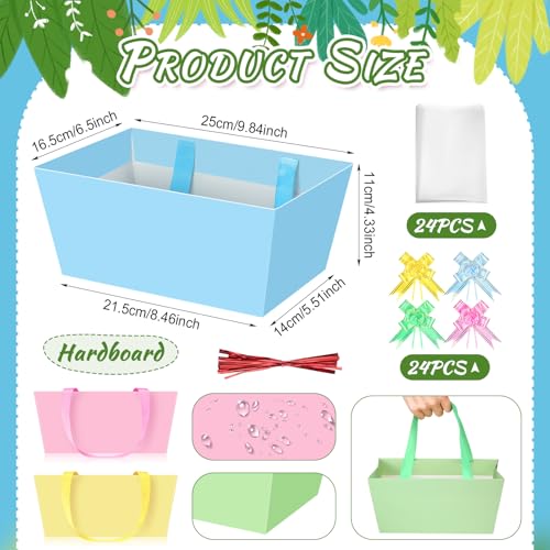Funnymoom 24 Pcs Pastel Basket for Gifts Empty Pink Blue Green Yellow Gift Basket Empty to Fill with Handle, Transparent Bag and Bow for Spring Summer Easter Wedding Tea Party Favor Supply, 9.8x6.5'' - Image 3