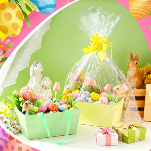 Funnymoom 24 Pcs Pastel Basket for Gifts Empty Pink Blue Green Yellow Gift Basket Empty to Fill with Handle, Transparent Bag and Bow for Spring Summer Easter Wedding Tea Party Favor Supply, 9.8x6.5'' - Image 2