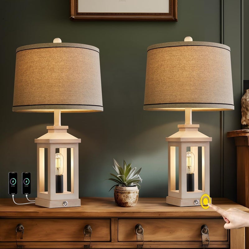 G-SAFAVA 23.75" Retro Farmhouse USB C+A Ports Table Lamp Set of 2 with 3 Way Dimmable Touch Control White Nightlight Vintage Modern Lamp for Living Room Bedroom with 2 Light Sources - Image 4