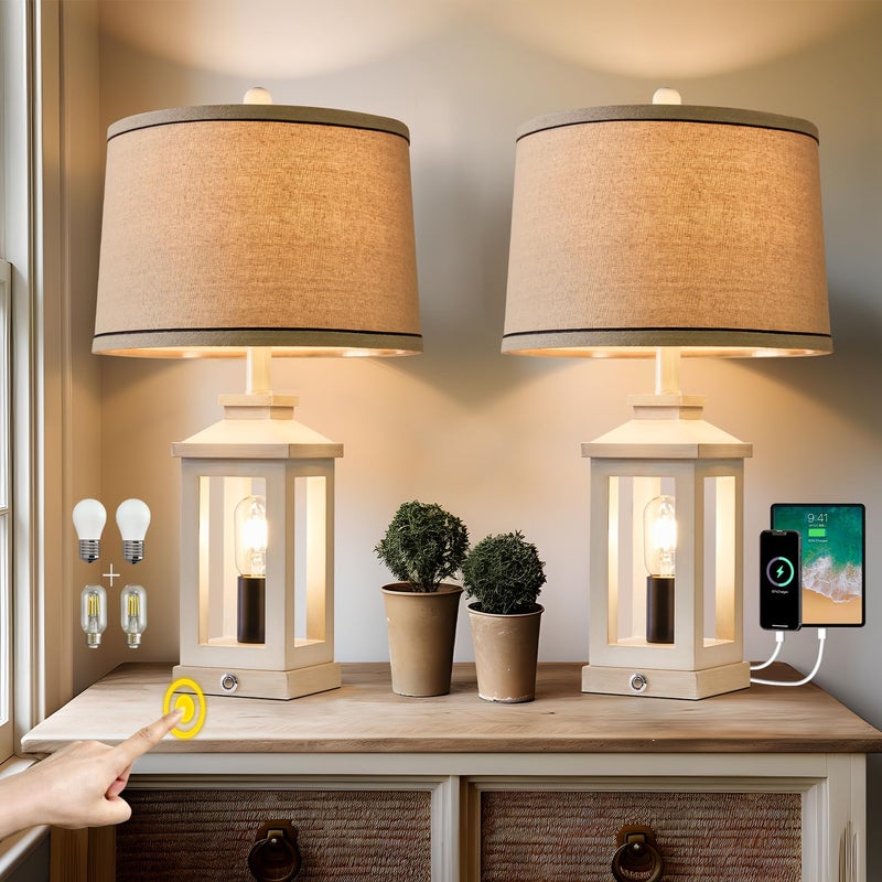 G-SAFAVA 23.75" Retro Farmhouse USB C+A Ports Table Lamp Set of 2 with 3 Way Dimmable Touch Control White Nightlight Vintage Modern Lamp for Living Room Bedroom with 2 Light Sources - Image 1