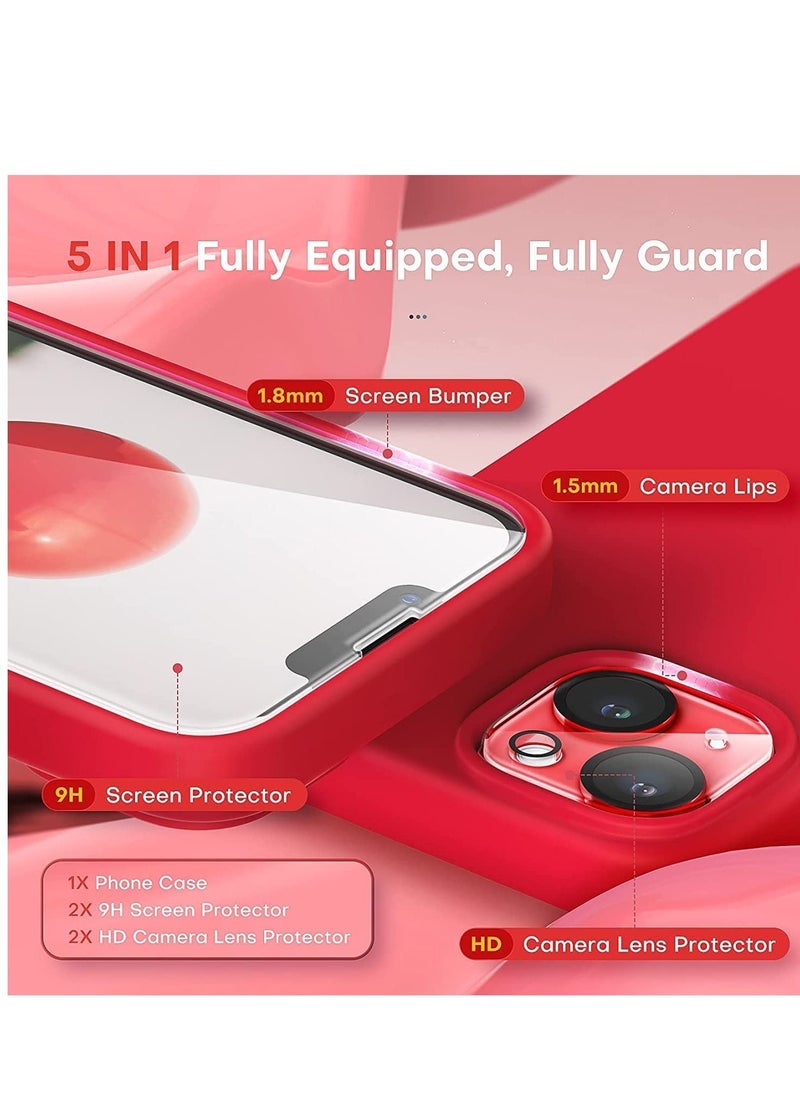 Raxoom [5 in 1] Designed for IPhone 14 PLUS Case, with 2 Pack Screen Protector + 2 Pack Camera Lens Protector, Liquid Silicone Phone Case IPhone 14 PLUS, [Anti-Scratch] [Drop Protection], Red