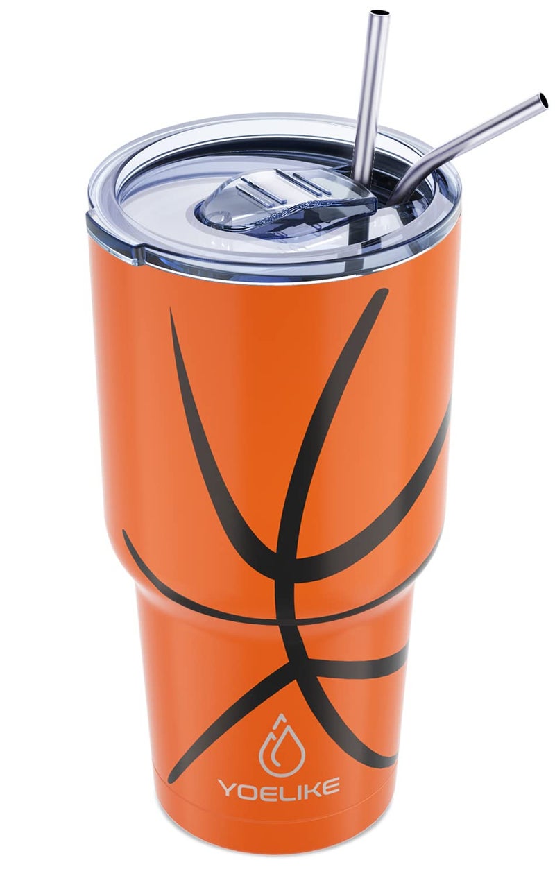 Yoelike Basketball Tumbler 30 oz Stainless Steel Double Wall Vacuum Insulated Cup with Straws Splash Proof Lids Straw Clean Brush Tips for Fan Coaches Mom Men Sports Travel Keep Drink Cold and Hot