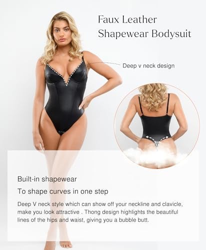Popilush Body Suits for Womens Tummy Control - Faux Leather Bodysuit Deep V Neck Thong Sleeveless Black Corset Tank Top Size M - Image 5
