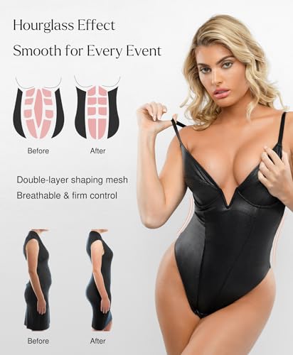 Popilush Body Suits for Womens Tummy Control - Faux Leather Bodysuit Deep V Neck Thong Sleeveless Black Corset Tank Top Size M - Image 4