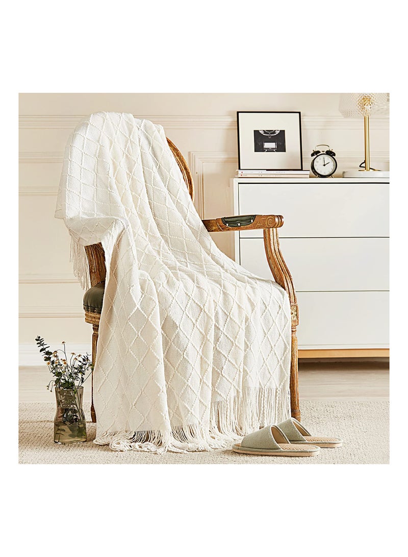 كابتن تيك Knitted Throw Blankets for Couch and Bed, Soft Cozy Knit Blanket with Tassel, Off White Lightweight Decorative Blankets and Throws, Farmhouse Warm Woven Blanket for Men and Women (127CM x 180CM) - Image 3