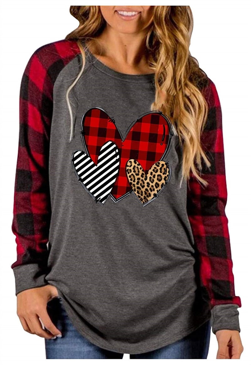 MHTOR Valentines Shirts Women Buffalo Plaid Love Heart Graphic Tees Letter Print Long Sleeve Tops Shirts(Large,Grey-07) - Image 1
