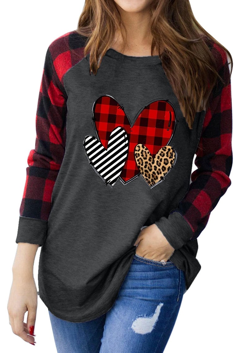 MHTOR Valentines Shirts Women Buffalo Plaid Love Heart Graphic Tees Letter Print Long Sleeve Tops Shirts(Large,Grey-07) - Image 2