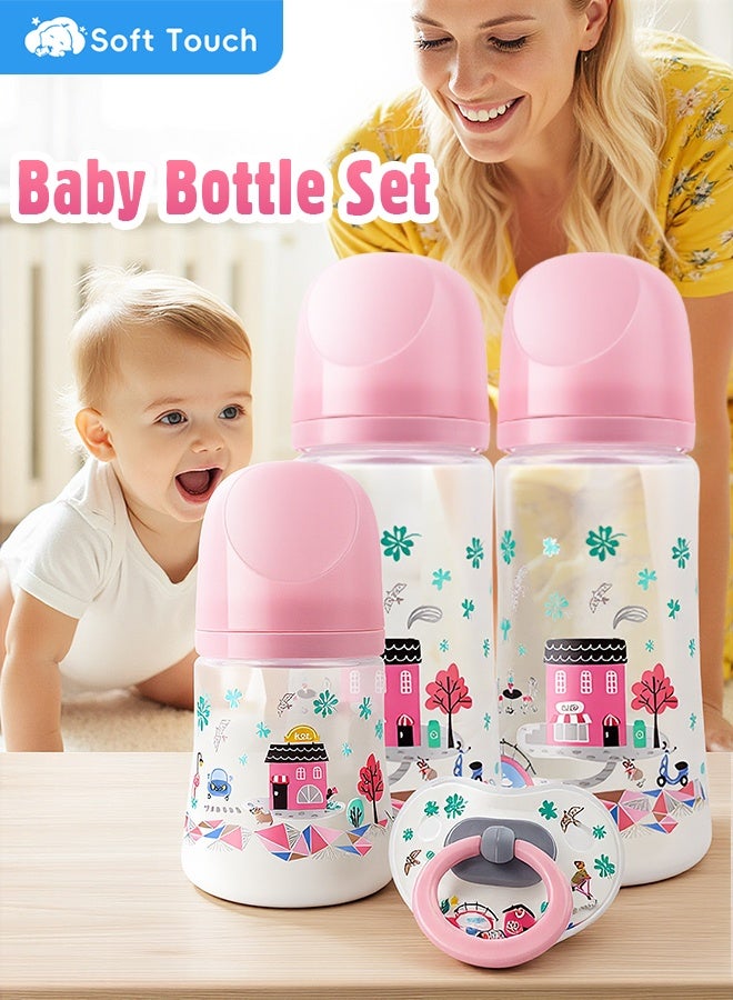Soft Touch 4 Pcs Baby Feeding Bottle Set, Newborn Gift Set with 3 Feeding Bottles(150/330 ml) and Pacifier, BPA Free, Baby Bottle Starter Kit for 0+ months Baby (Pink)