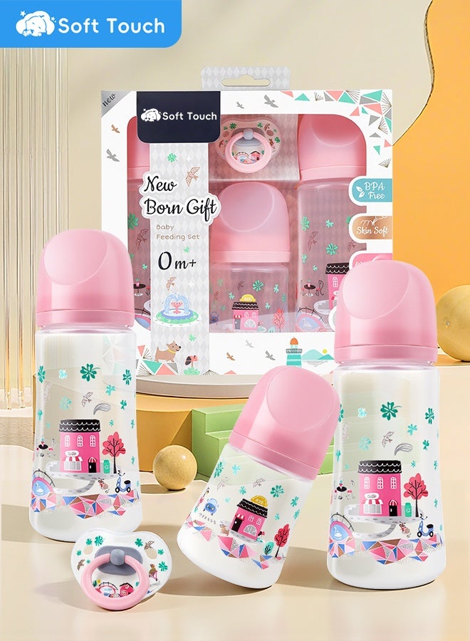 Soft Touch 4 Pcs Baby Feeding Bottle Set, Newborn Gift Set with 3 Feeding Bottles(150/330 ml) and Pacifier, BPA Free, Baby Bottle Starter Kit for 0+ months Baby (Pink) - Image 3
