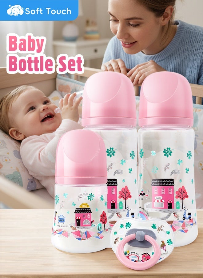 Soft Touch 4 Pcs Baby Feeding Bottle Set, Newborn Gift Set with 3 Feeding Bottles(150/330 ml) and Pacifier, BPA Free, Baby Bottle Starter Kit for 0+ months Baby (Pink) - Image 2