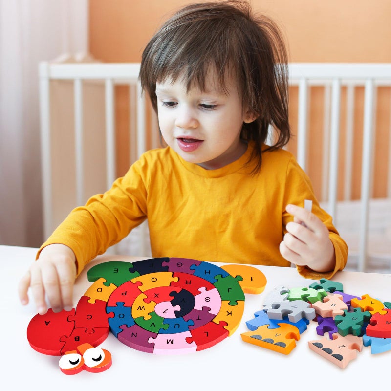 LovesTown Wooden Animal Puzzles for Toddlers, Alphabet Building Blocks for Kids, Preschool Letters and Numbers Learning Puzzle, 2 PCS - Image 2