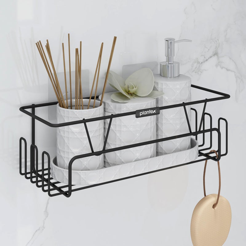 Plantex GI Steel Adhesive Shelf for Bathroom Wall/Self Adhesive Shelf for Kitchen with Side Hooks to Hang Loofah for Bathing/Bathroom Organiser - Black, Powder Coated - Image 1