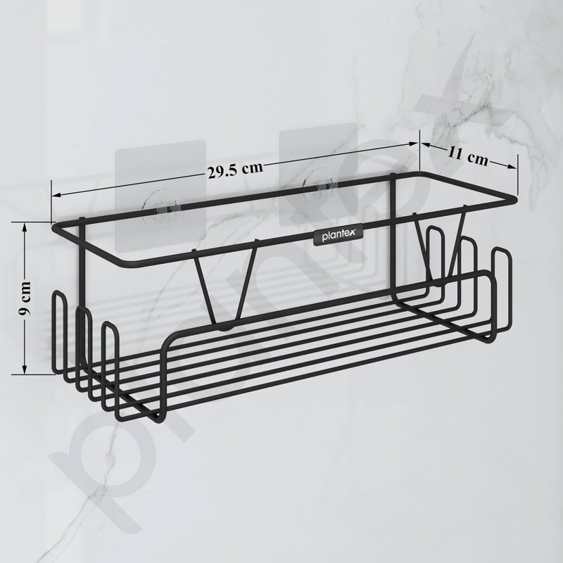 Plantex GI Steel Adhesive Shelf for Bathroom Wall/Self Adhesive Shelf for Kitchen with Side Hooks to Hang Loofah for Bathing/Bathroom Organiser - Black, Powder Coated - Image 3