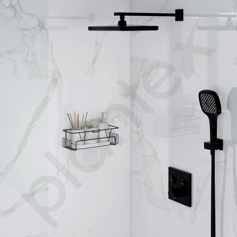 Plantex GI Steel Adhesive Shelf for Bathroom Wall/Self Adhesive Shelf for Kitchen with Side Hooks to Hang Loofah for Bathing/Bathroom Organiser - Black, Powder Coated - Image 2