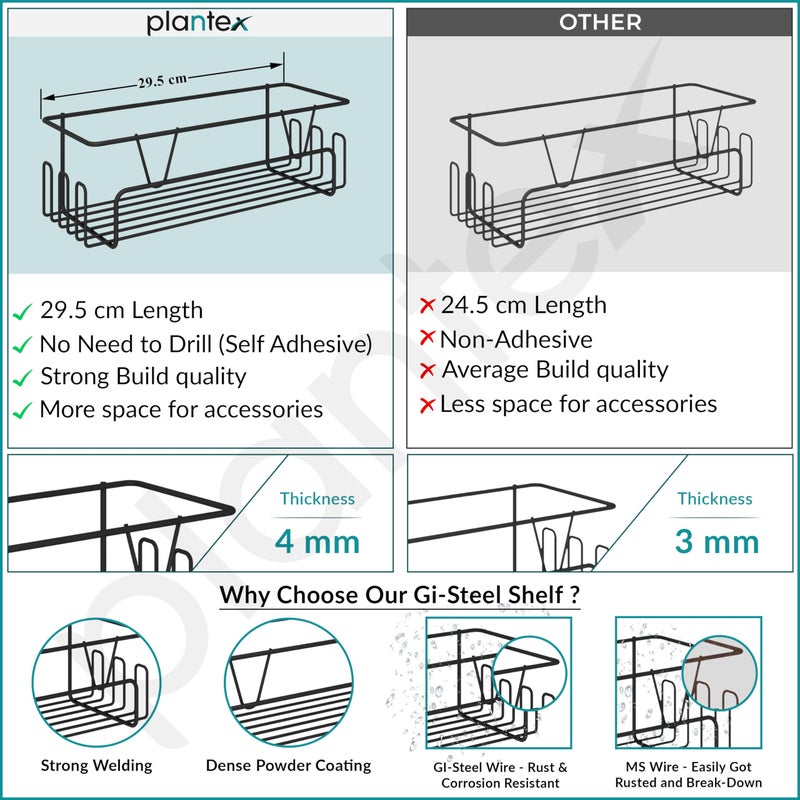 Plantex GI Steel Adhesive Shelf for Bathroom Wall/Self Adhesive Shelf for Kitchen with Side Hooks to Hang Loofah for Bathing/Bathroom Organiser - Black, Powder Coated - Image 5