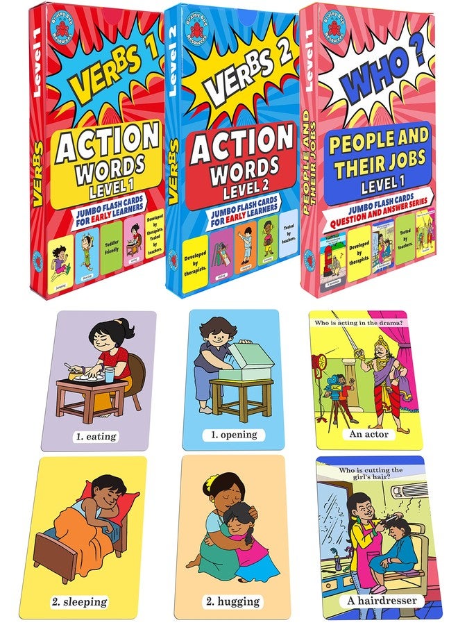 Brainy Bug Resources Language Learning Flashcards | 60 Action Words (Audio-Enabled via App) | 30 Answer ‘Who?’ Questions - Learn Important Jobs | Spoken English | Special Needs - Image 1