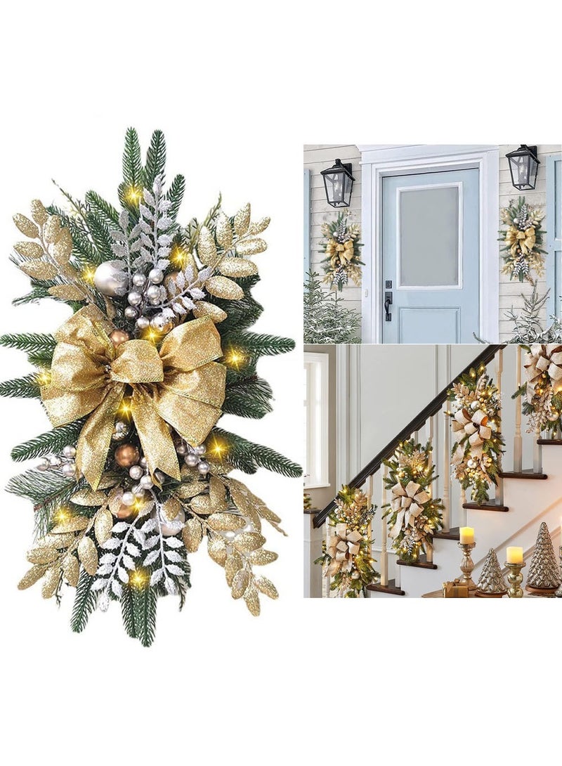 تابيت زينة سلالم عيد الميلاد اللاسلكية المضيئة مسبقًا على شكل دمعة من الصنوبر الثلجي للباب الأمامي والجدار والنافذة والمنزل (ذهبي) - Image 1