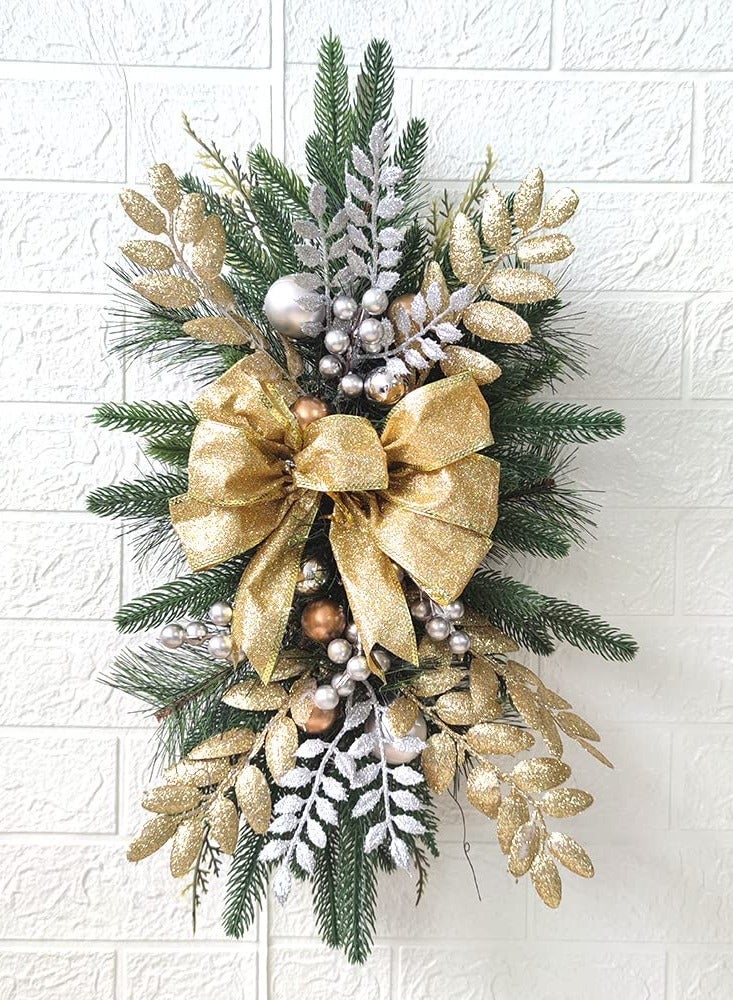 تابيت زينة سلالم عيد الميلاد اللاسلكية المضيئة مسبقًا على شكل دمعة من الصنوبر الثلجي للباب الأمامي والجدار والنافذة والمنزل (ذهبي) - Image 5