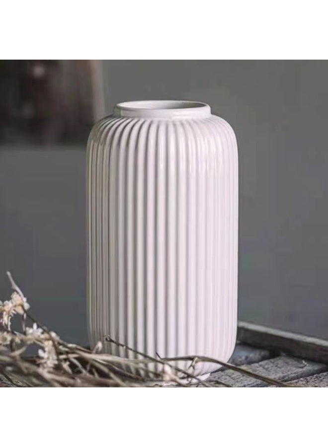 20CM Tall White Ceramic Ribbed Vase, Modern Striped Flower Vase for Home Decor, 7CM Opening Geometric Decorative Vase for Table Centerpiece, Desk & Living Room Decoration, Water Safe - Image 1